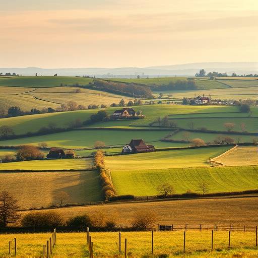 A beautiful rural setting depicting Shropshire, with rolling fields and traditional farmhouses.