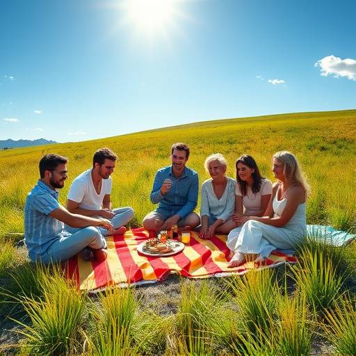 A group of people enjoying a picnic in a beautiful meadow.