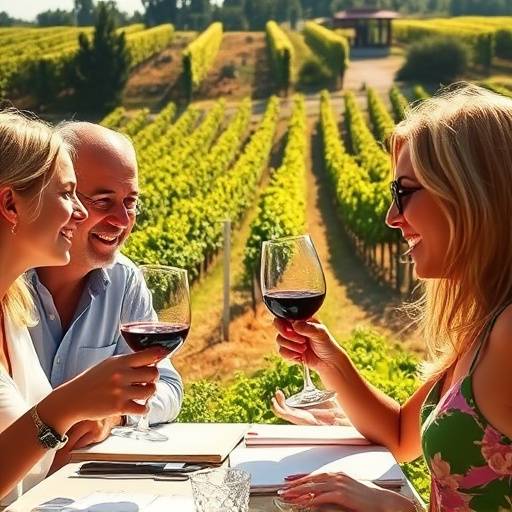 A group of people enjoying a wine tasting session in a vineyard