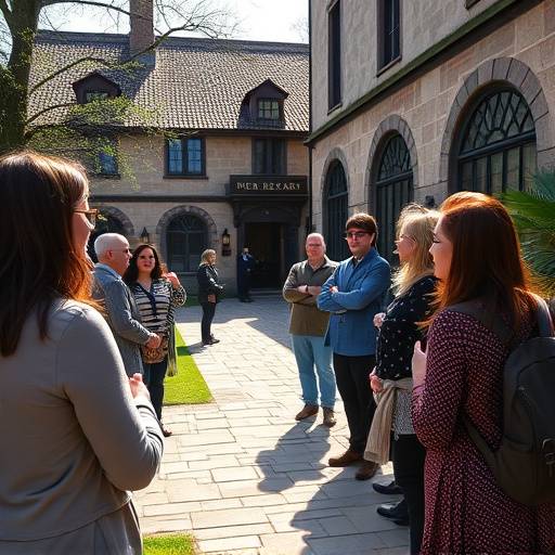 A group of people listening to a guide in front of a historic manor house.