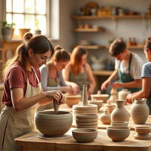 A group of people participating in a traditional pottery class.