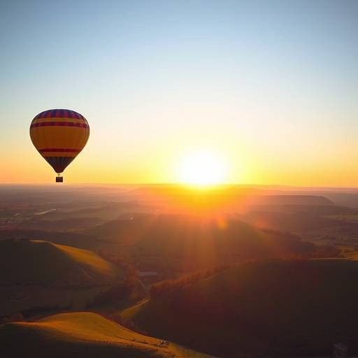 A hot air balloon floating over the rolling hills of the English countryside.