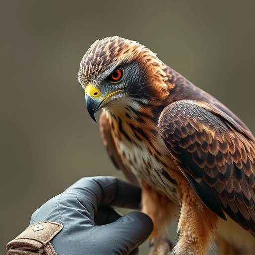 A majestic falcon perched on a gloved hand during a falconry experience.