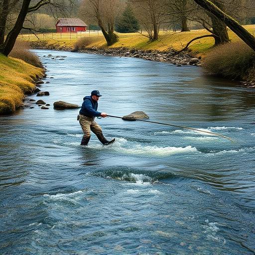 A person fly fishing in a clear, flowing river in the English countryside