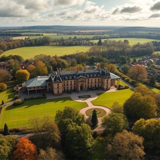 Aerial view of a grand manor house in Oxfordshire nestled in a picturesque landscape.