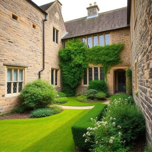 Exterior of a historic estate in Yorkshire with stone walls and lush greenery.
