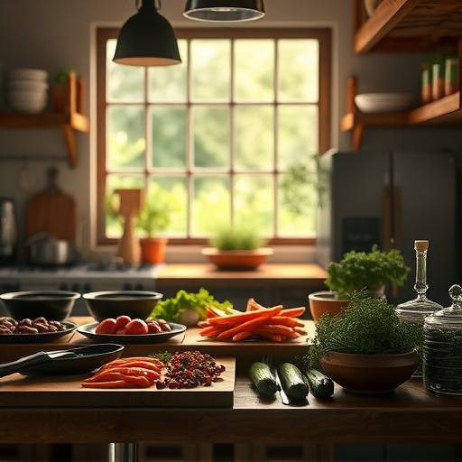 Gourmet meal being prepared in a rustic kitchen with fresh ingredients