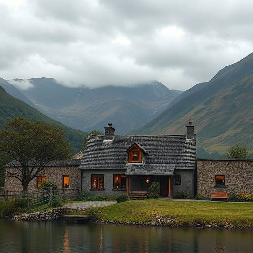 Image of a luxurious country cottage nestled in the Lake District with mountains in the background.