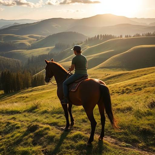 People horseback riding through a scenic countryside landscape