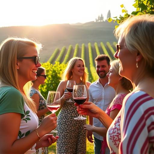 People sampling wines in a sunlit vineyard.
