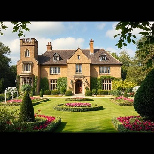 Photograph of a grand manor house surrounded by gardens in the Cotswolds.