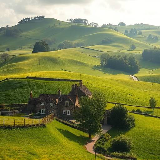 Scenic view of the Cotswolds with rolling green hills and stone cottages